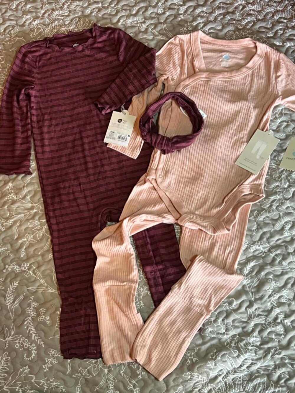 NWT Set of 2 Cloud Island Rompers Maroon w/headband & Pink Side Snap set 24M